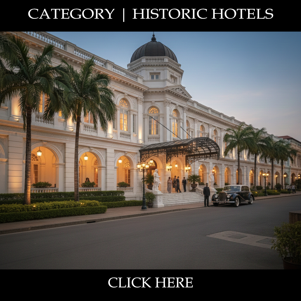Historic hotel facade with vintage car. Heritage travel destination.