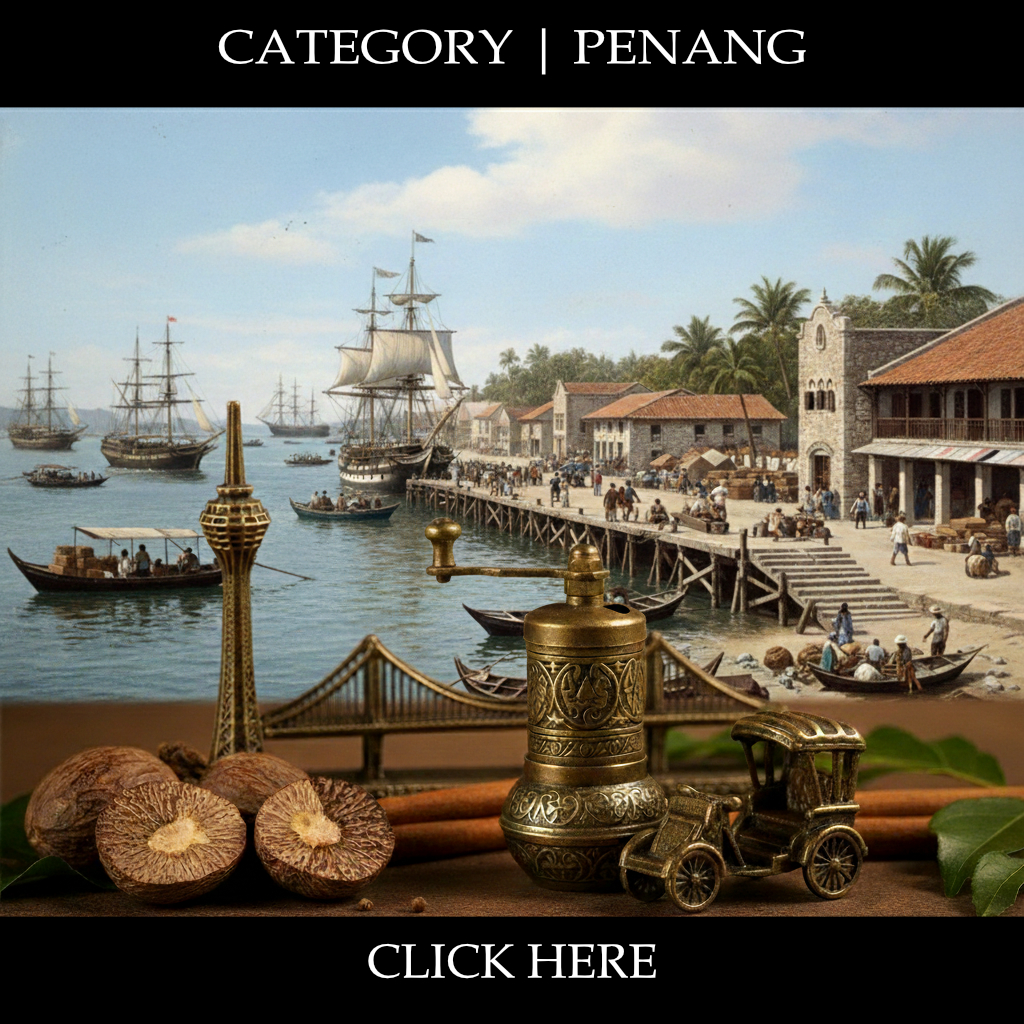 Penang trading port scene with spices, antique car, and ships