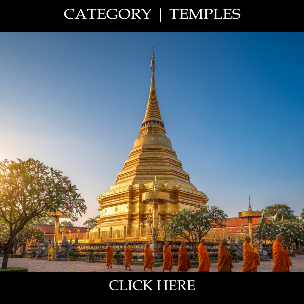 Monks walking by golden temple. Heritage travel in Thailand.