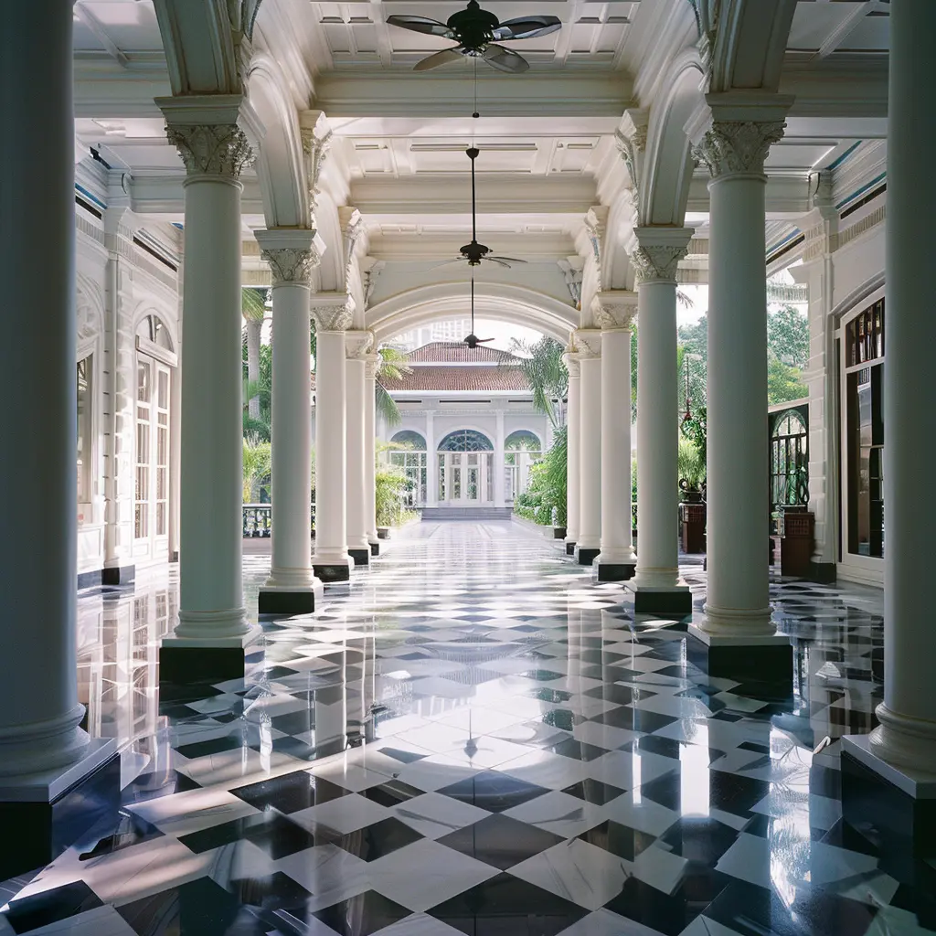 Colonnade with checkered floor leading to arched entrance, a classic heritage stay.