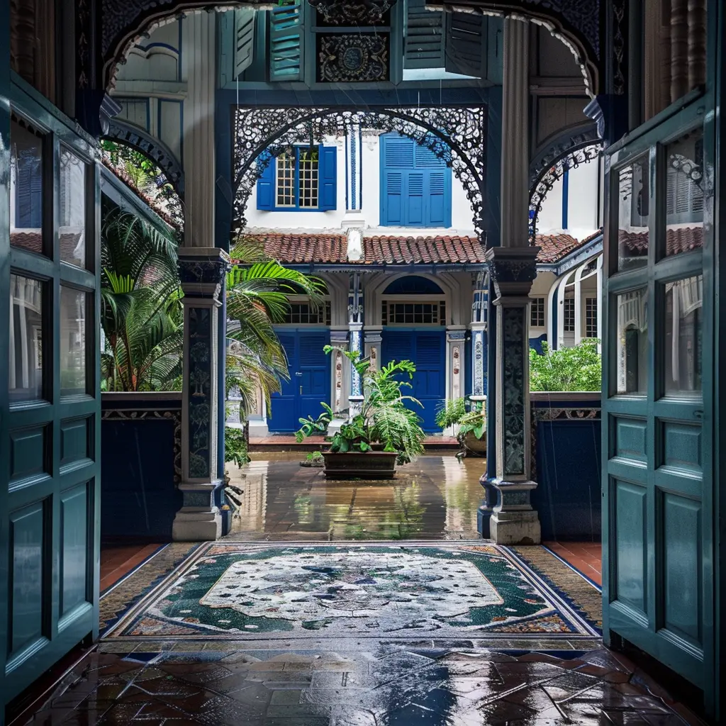 Ornate facade of a colorful Southeast Asian shophouse, showcasing iconic architectural style.