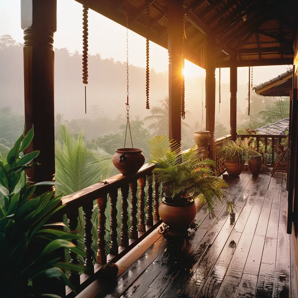 Traditional Thai house on stilts in a lush jungle, showcasing Southeast Asian architectural style.