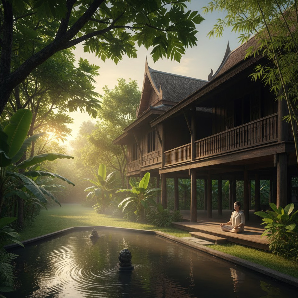 Person meditating by a pond at a traditional wooden mansion, surrounded by lush greenery.