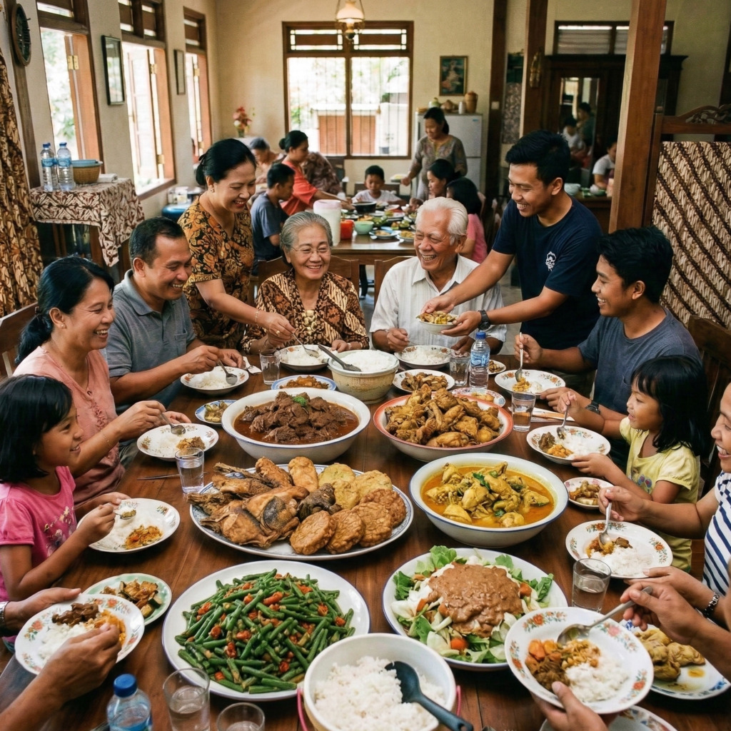 Large Indonesian family enjoying a traditional meal together at a long table.