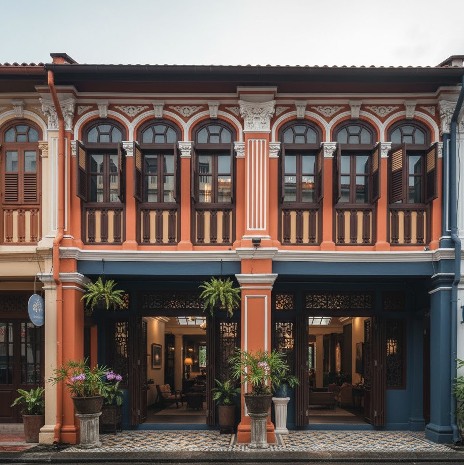 Ornate facade of a colorful Southeast Asian shophouse, showcasing iconic architectural style.