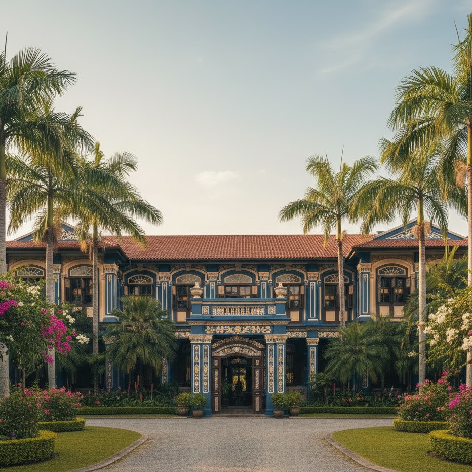 Ornate Peranakan mansion in Southeast Asia with intricate blue and gold details, set amidst lush tropical landscaping.