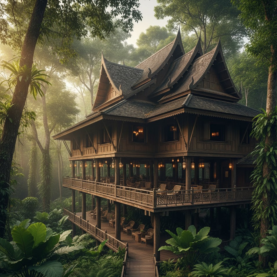Traditional Thai house on stilts in a lush jungle, showcasing Southeast Asian architectural style.