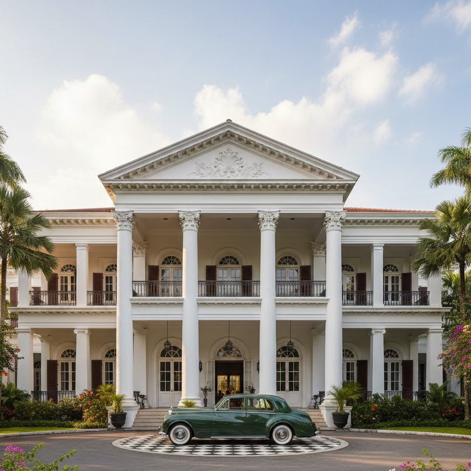 Grand colonial mansion with large columns and a vintage green car parked in front.