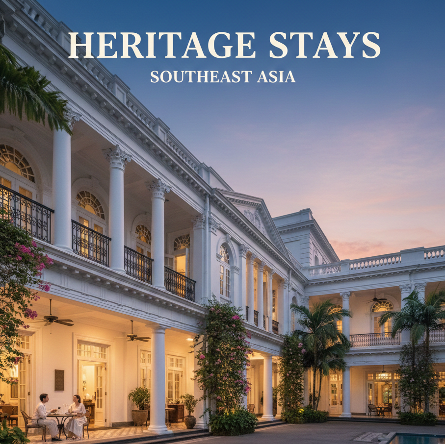 Heritage Stays Southeast Asia: Grand colonial-style hotel exterior with columns and courtyard.