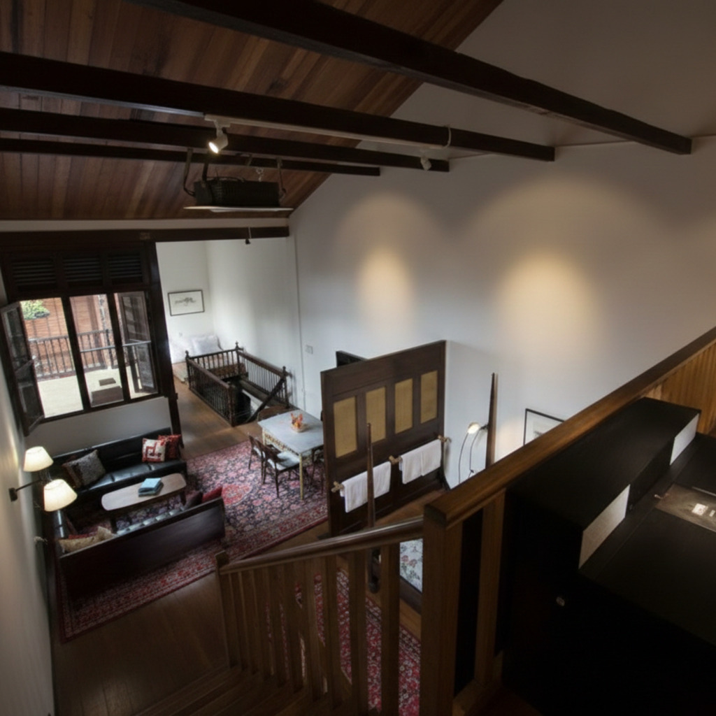 Muntri Mews Penang view from above: cozy living area with balcony and stairs.