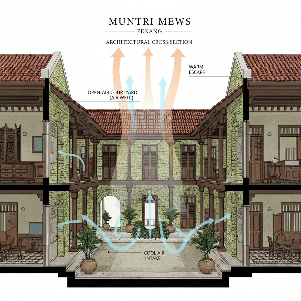 Muntri Mews cross-section: Penang architecture with open-air courtyard for cool air intake and warm air escape.