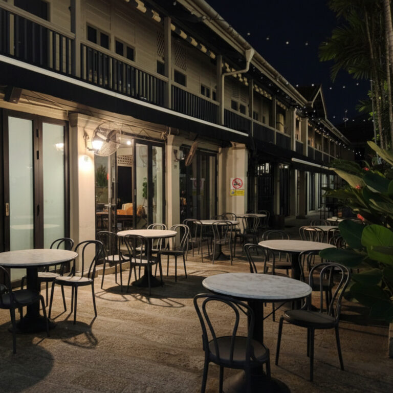 Outdoor seating at Muntri Mews, Penang, with tables and chairs on a paved patio at night.