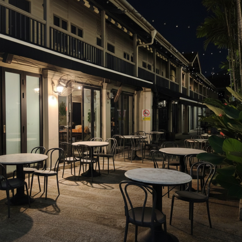 Outdoor seating at Muntri Mews, Penang, with tables and chairs on a paved patio at night.