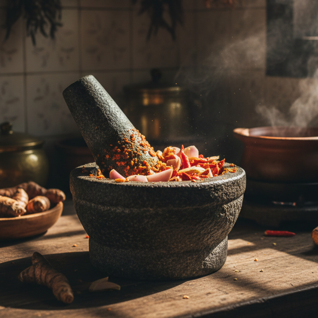 Stone mortar and pestle filled with spices and herbs, likely used in cooking at Montri Mews.