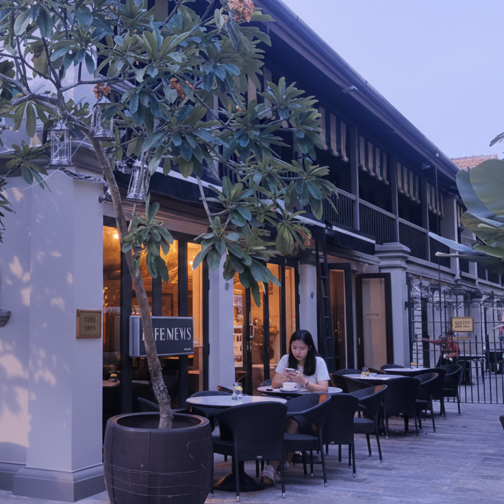 Muntri Street in Penang, Malaysia, featuring heritage buildings and reflections on the wet pavement.