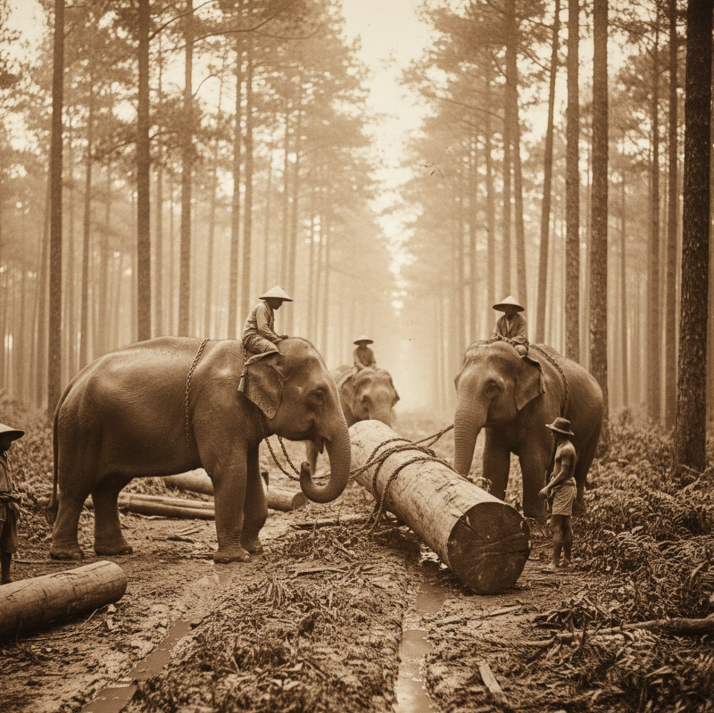 Elephants hauling teak logs in a forest, part of the teak trail and timber movement.