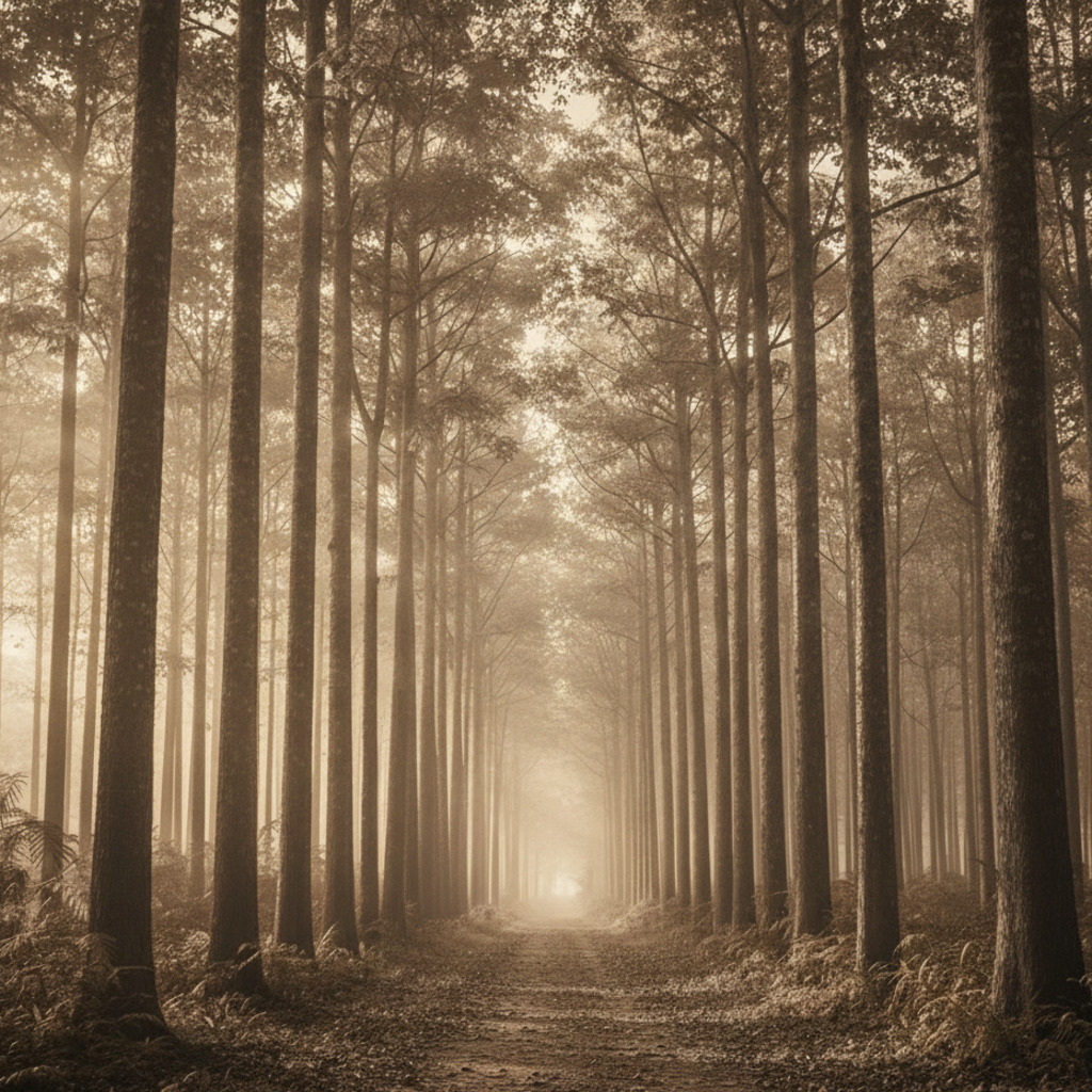 Teak trees line a misty forest path, hinting at the teak trail and timber movement.
