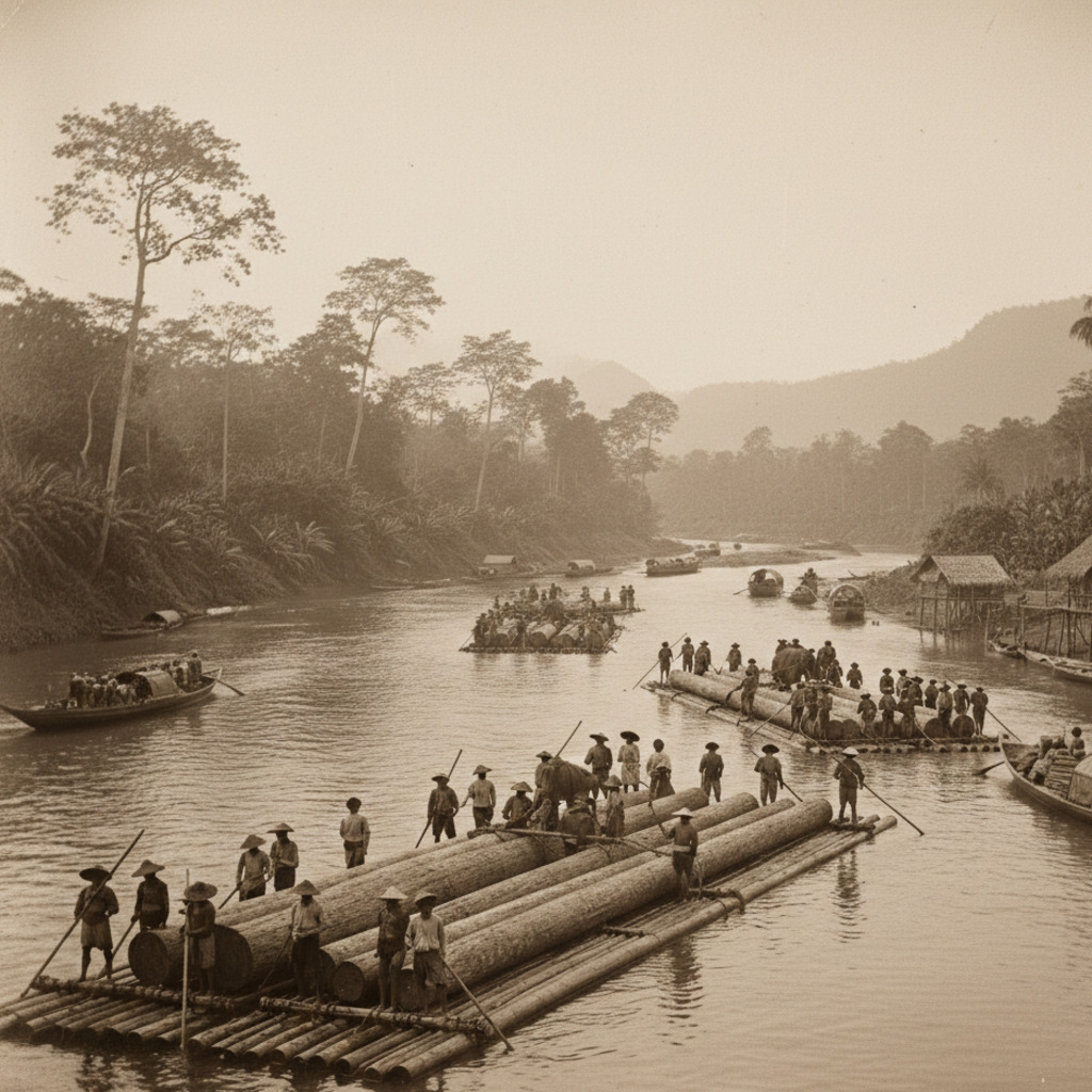 Teak logs being rafted downriver by workers, likely part of the "Teak Trail" timber movement.