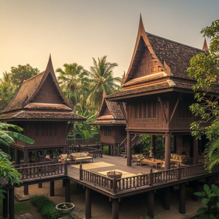 Traditional Thai houses on stilts, surrounded by lush greenery, showcase vernacular architecture.