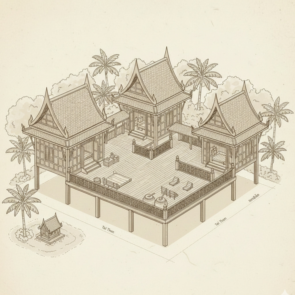 Isometric drawing of a traditional Thai house, "Tai Thin.