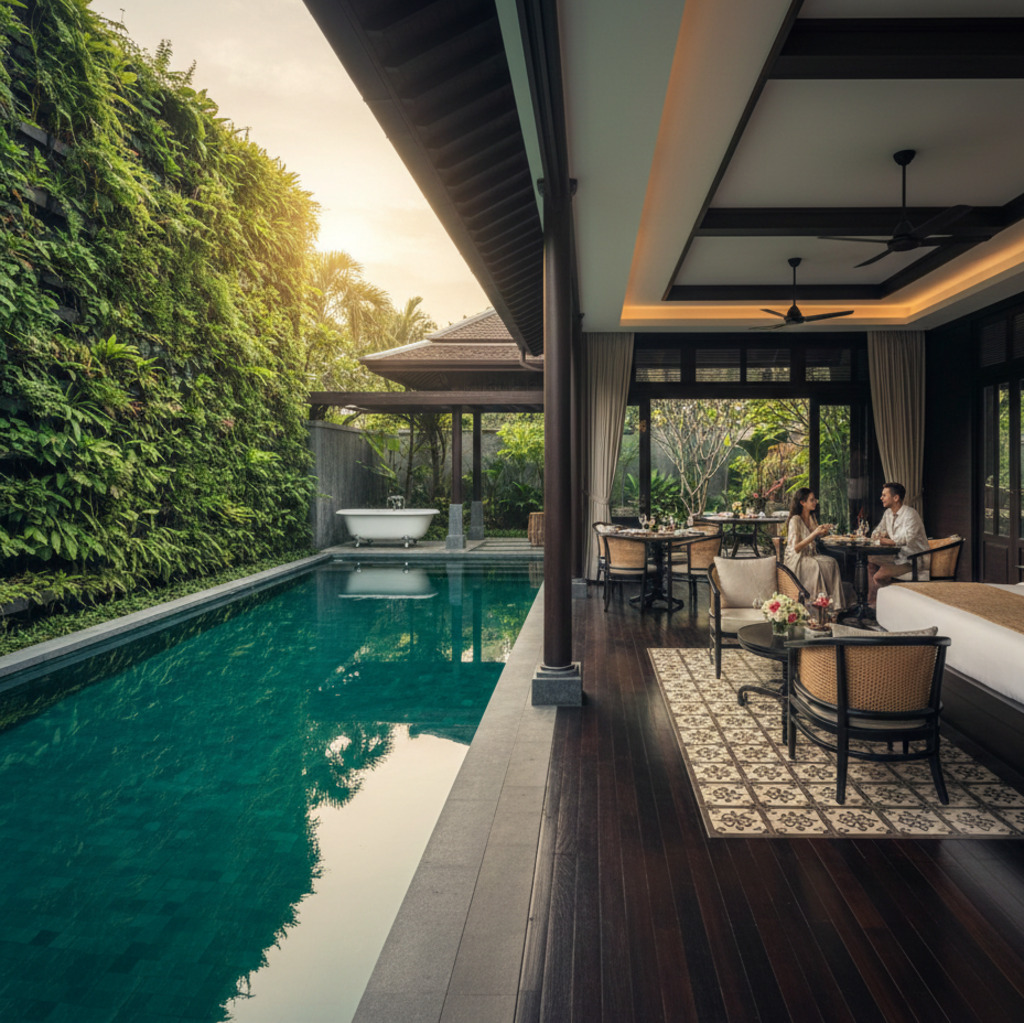 Couple dining at Baan Borneo villa, 137 Pillars House, with pool and vertical garden.