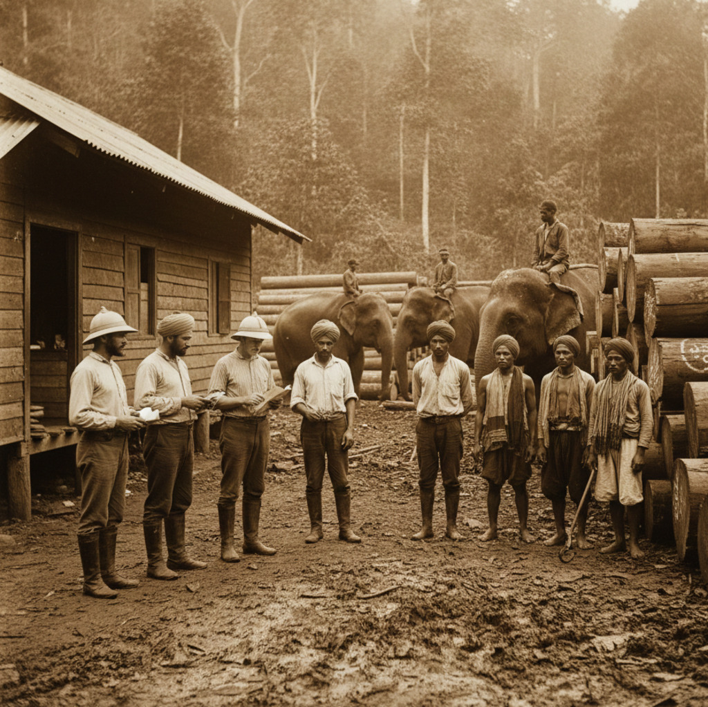 Vintage sepia photo of men with elephants and logs at a Borneo logging camp.