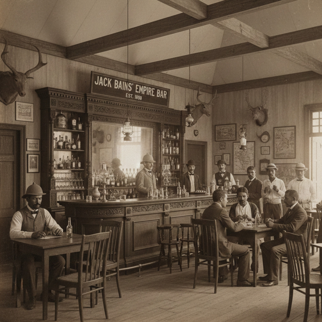 Jack Bains Empire Bar, est. 1898 at 137 Pillars House: Men enjoying drinks in a vintage-style bar with safari decor.