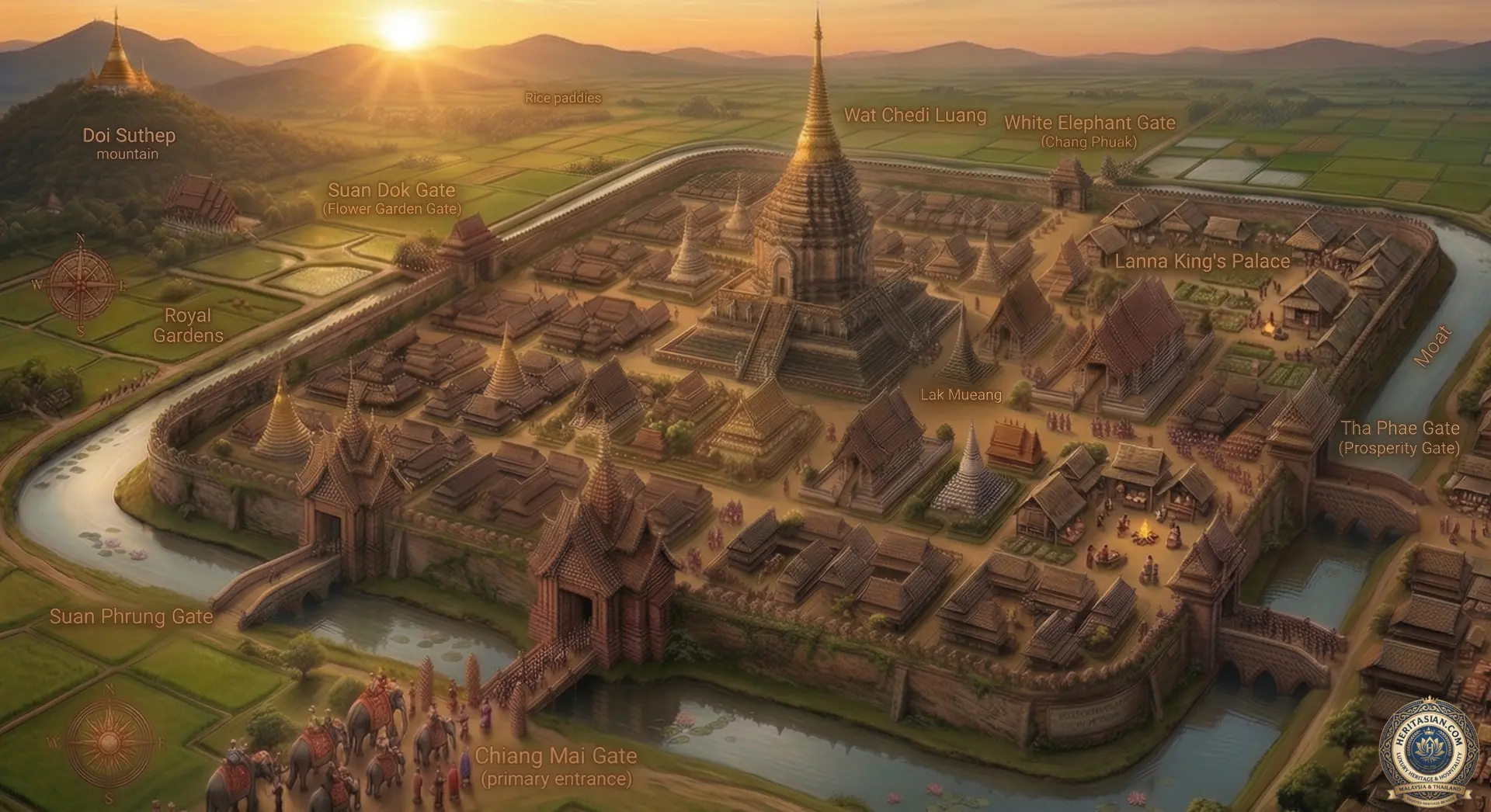 Chiang Mai, Thailand map: Ancient city view with temples, moat, and Doi Suthep mountain in the background.