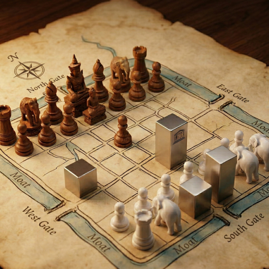 Elaborate chess set with unique pieces on a map-themed board.