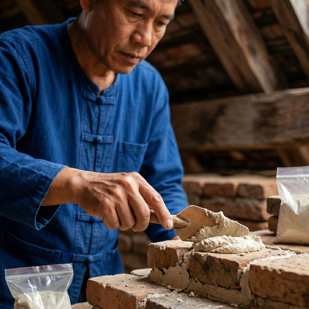 Asian man repairing brickwork with mortar, Chiang Mai construction.