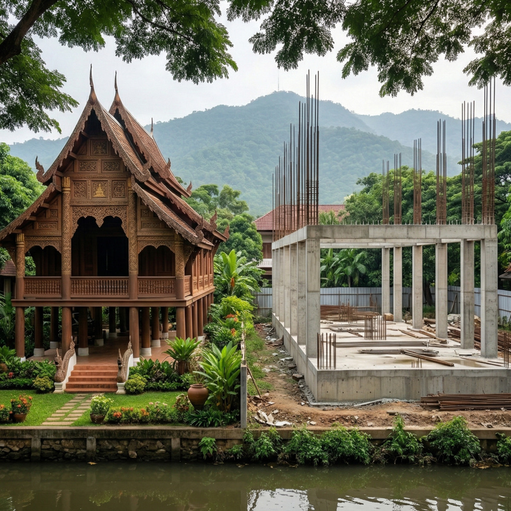 Traditional Thai house beside a modern construction site in Chiang Mai, with mountains in the background.