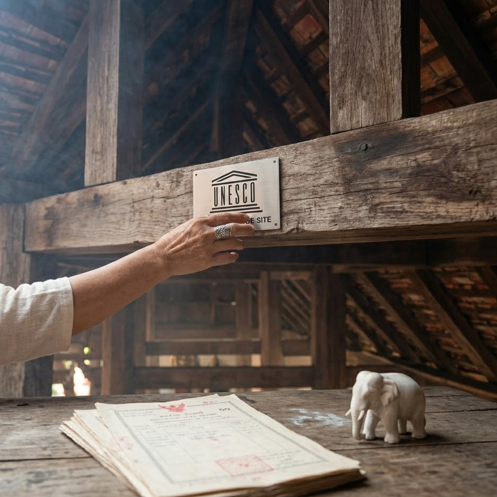 UNESCO site plaque on wooden beam in Chiang Mai. Documents and elephant figurine on table.
