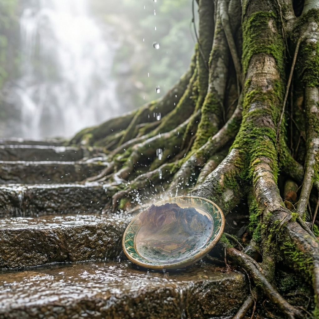 Doi Suthep Chiang Mai: Waterfall cascades near mossy tree roots and a dish reflecting the mountain's view.