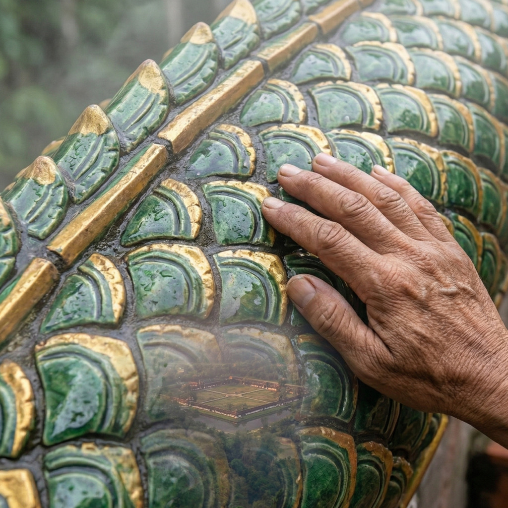 Hand touching a dragon statue at Doi Suthep Chiang Mai, reflecting temple heritage.