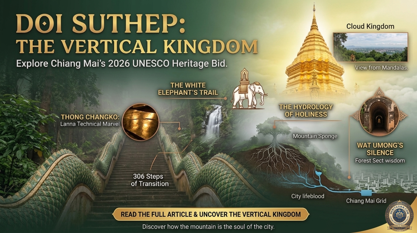Doi Suthep, Chiang Mai, vertical kingdom. Explore Chiang Mai's 2026 UNESCO bid. Wat Umong's Silence, Thong Changko, the White Elephant's Trail.