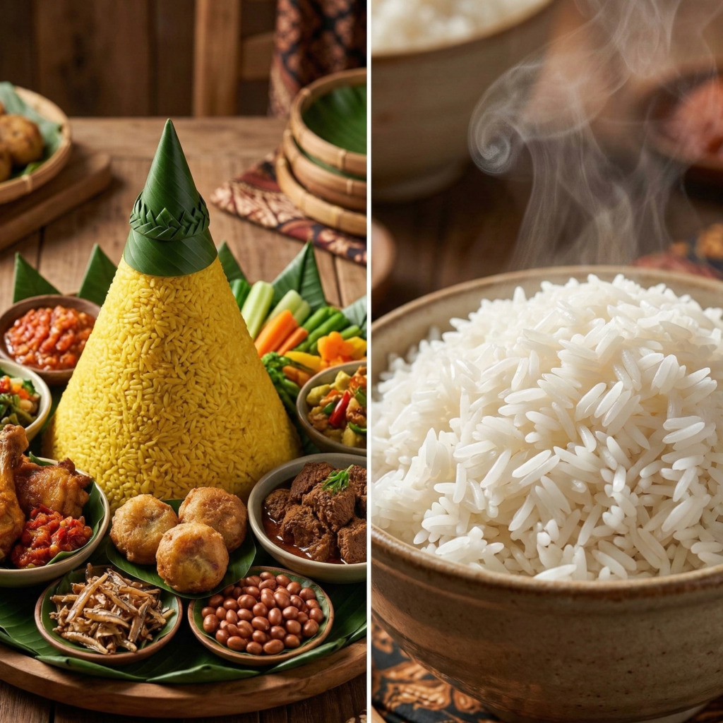 Nasi tumpeng, a festive Indonesian rice dish, alongside a bowl of plain white rice. Southeast Asian cuisine.