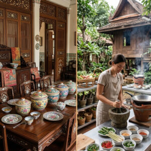 Traditional Southeast Asian dining: ornate table setting and Thai cooking class outdoors.