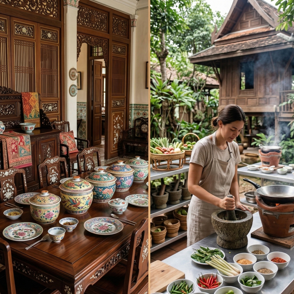Traditional Southeast Asian dining: ornate table setting and Thai cooking class outdoors.