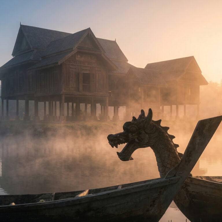 Langkasuka Architectural Heritage: Traditional wooden house on stilts by a misty lake with a dragon boat.