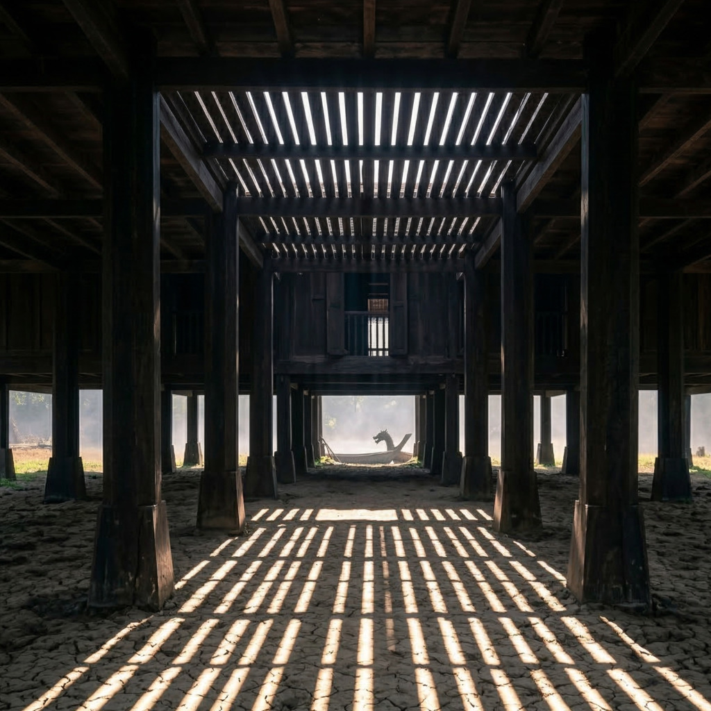 Langkasuka Architectural Heritage: Interior view of a traditional wooden building with striking light patterns.