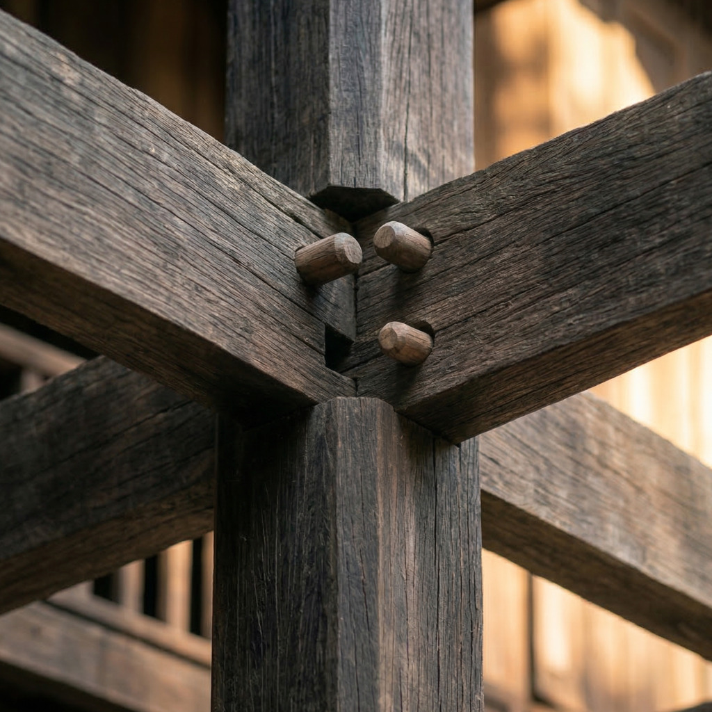Langkasuka Architectural Heritage: Close-up of a traditional wooden beam joint with dowels.