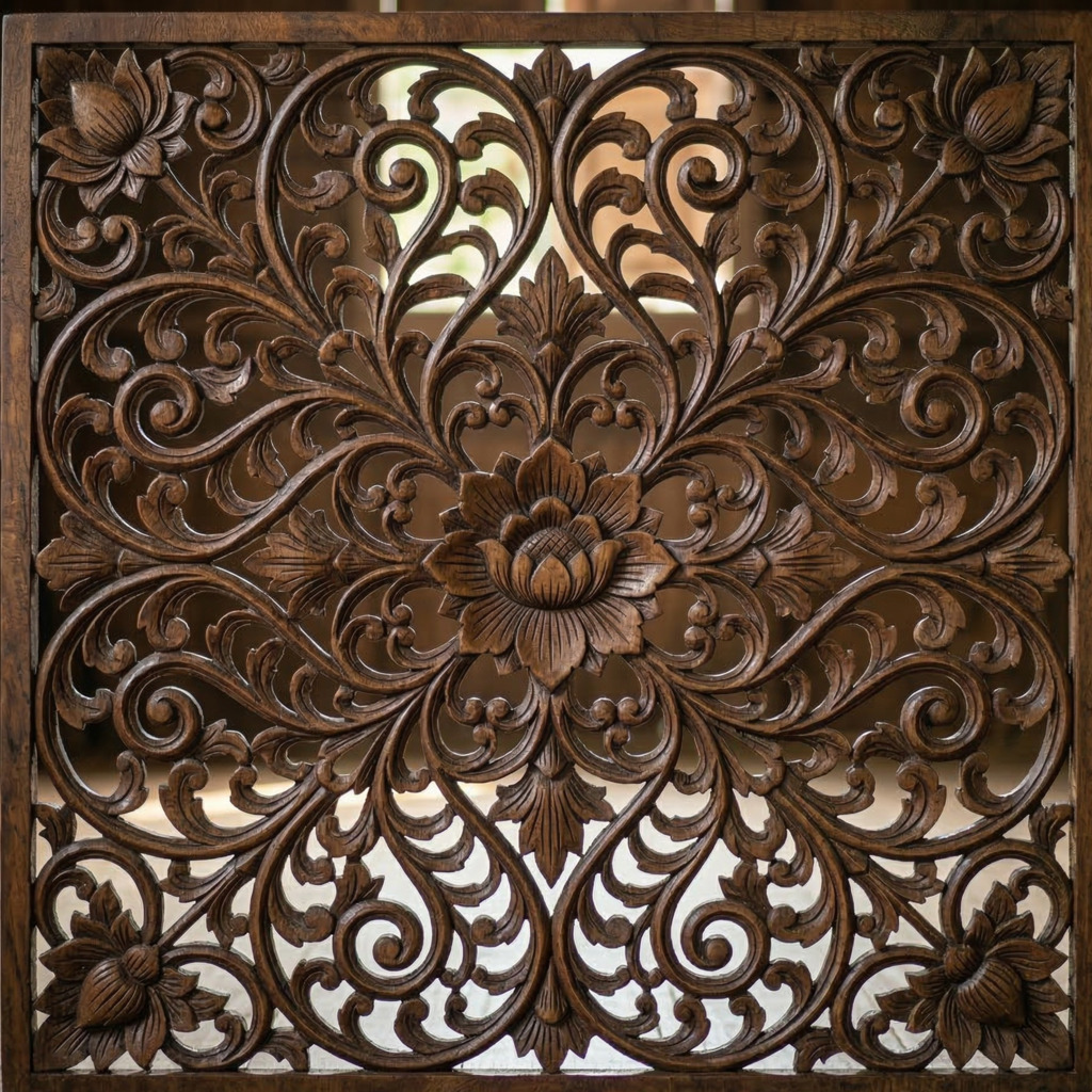 Intricate wood carving with floral and scroll designs, showcasing Langkasuka Architectural Heritage.