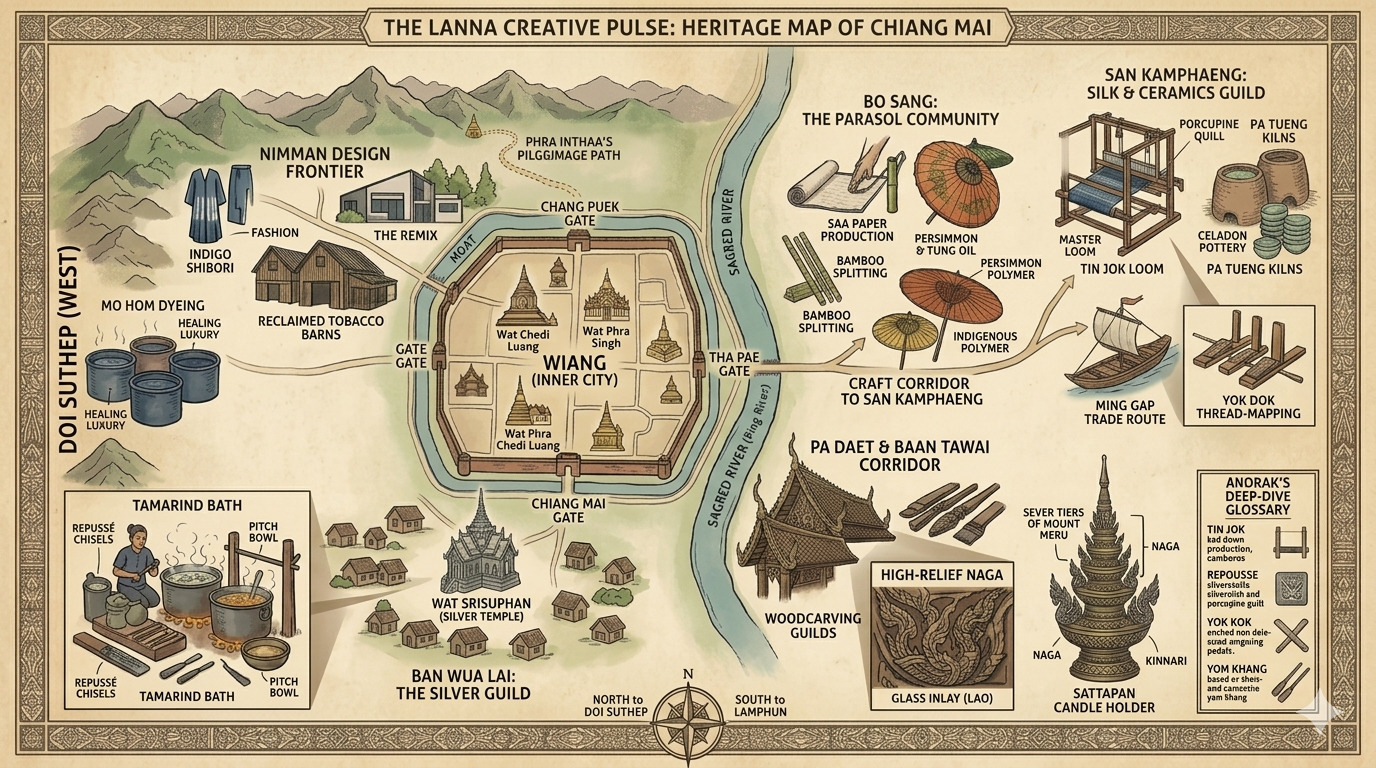 Chiang Mai heritage map showcasing Lanna Creative Renaissance: silk, ceramics, wood carving and traditional crafts.
