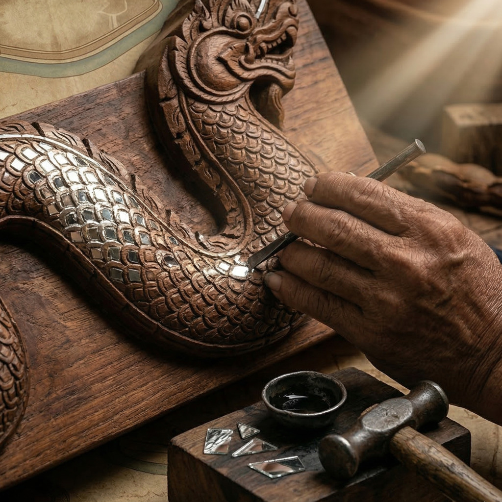 Craftsman adding mirror details to a Lanna Naga carving during Chiang Mai's creative renaissance.