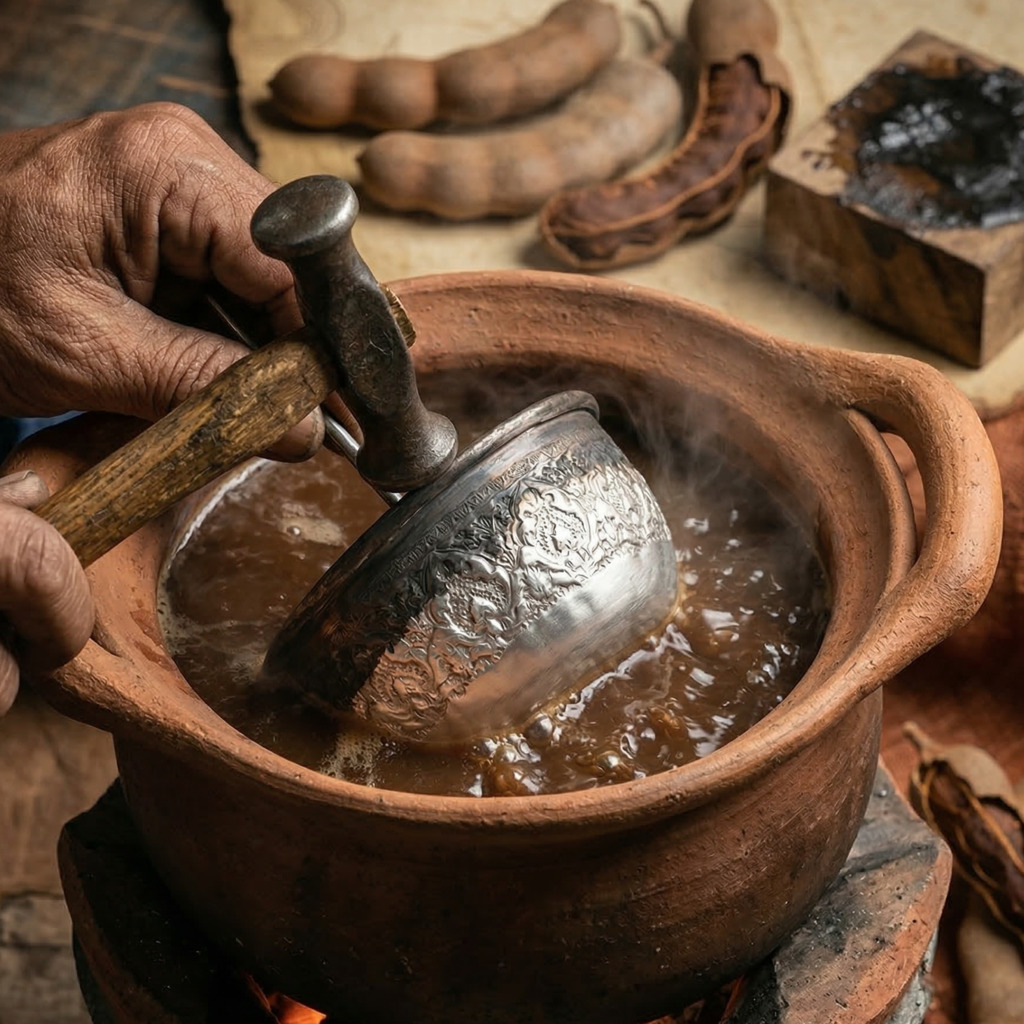Craftsman hammering silver bowl in tamarind water, Lanna Creative Renaissance in Chiang Mai.