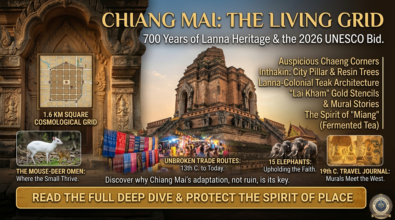 Chiang Mai's "Living Grid" image highlights Lanna heritage, a 1.6km grid, temples, elephants, and trade routes for its UNESCO bid.