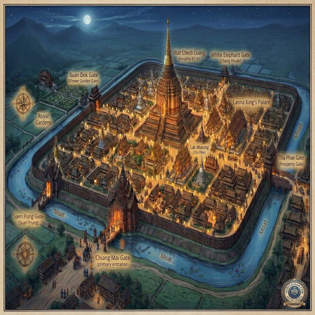 Chiang Mai's Old City map: Wat Chedi Luang, Lanna King's Palace, surrounded by moat and city gates.