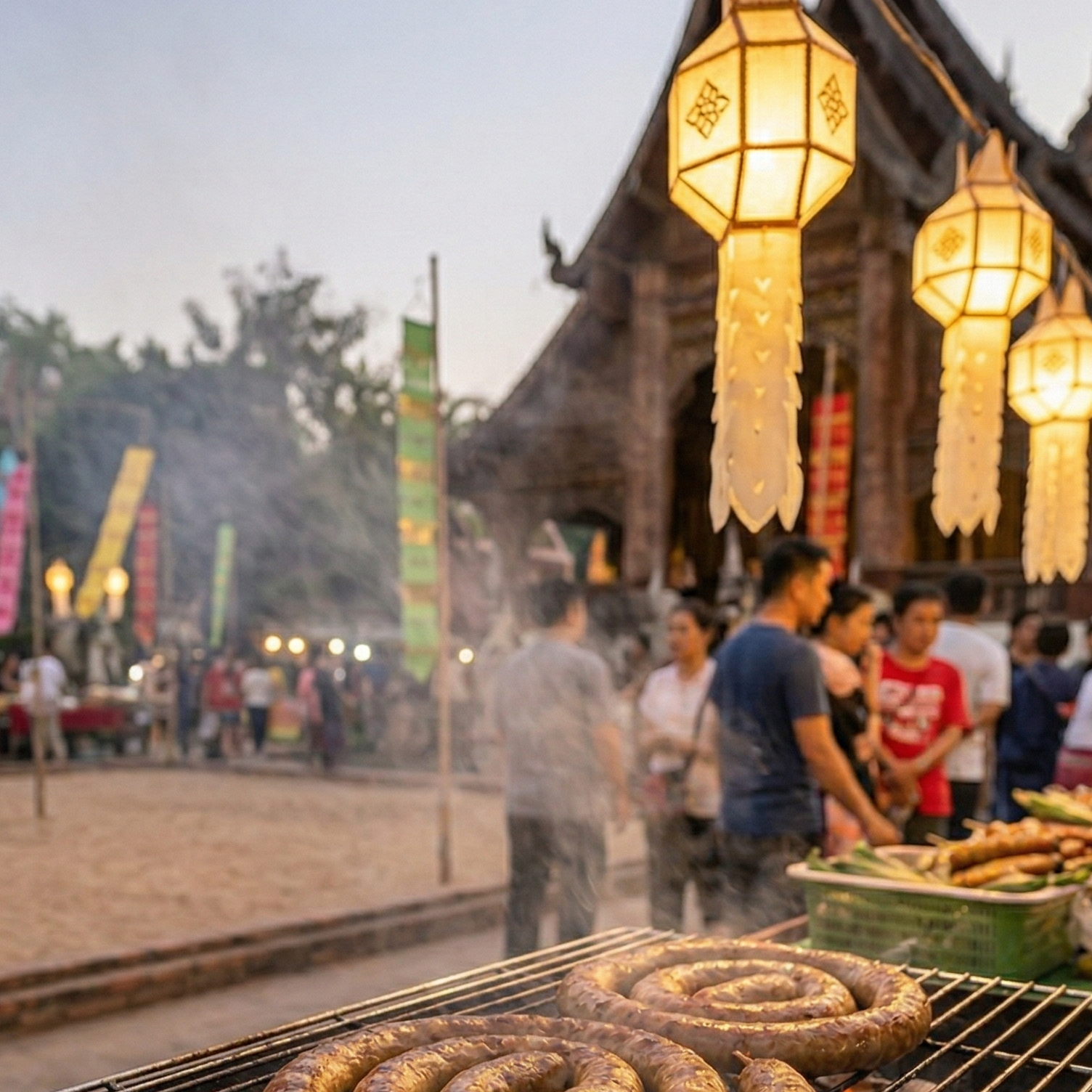 Chiang Mai street food vendor grilling sai oua sausage near ancient temple, lanterns, and festival flags.