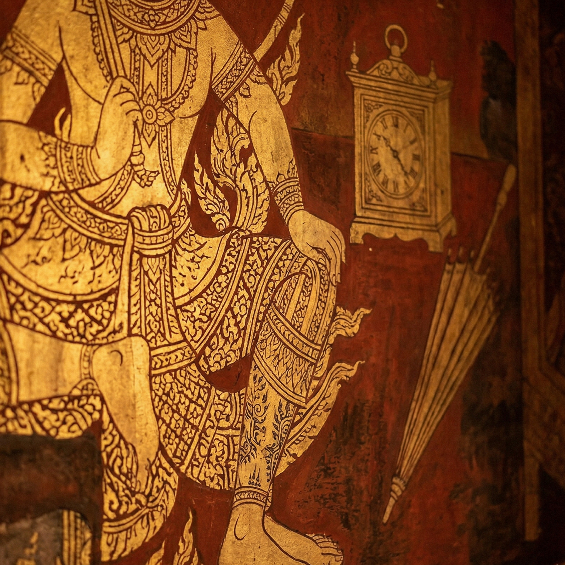 Golden mural detail in Chiang Mai's Old City showing a figure, clock, and umbrella on a red background.