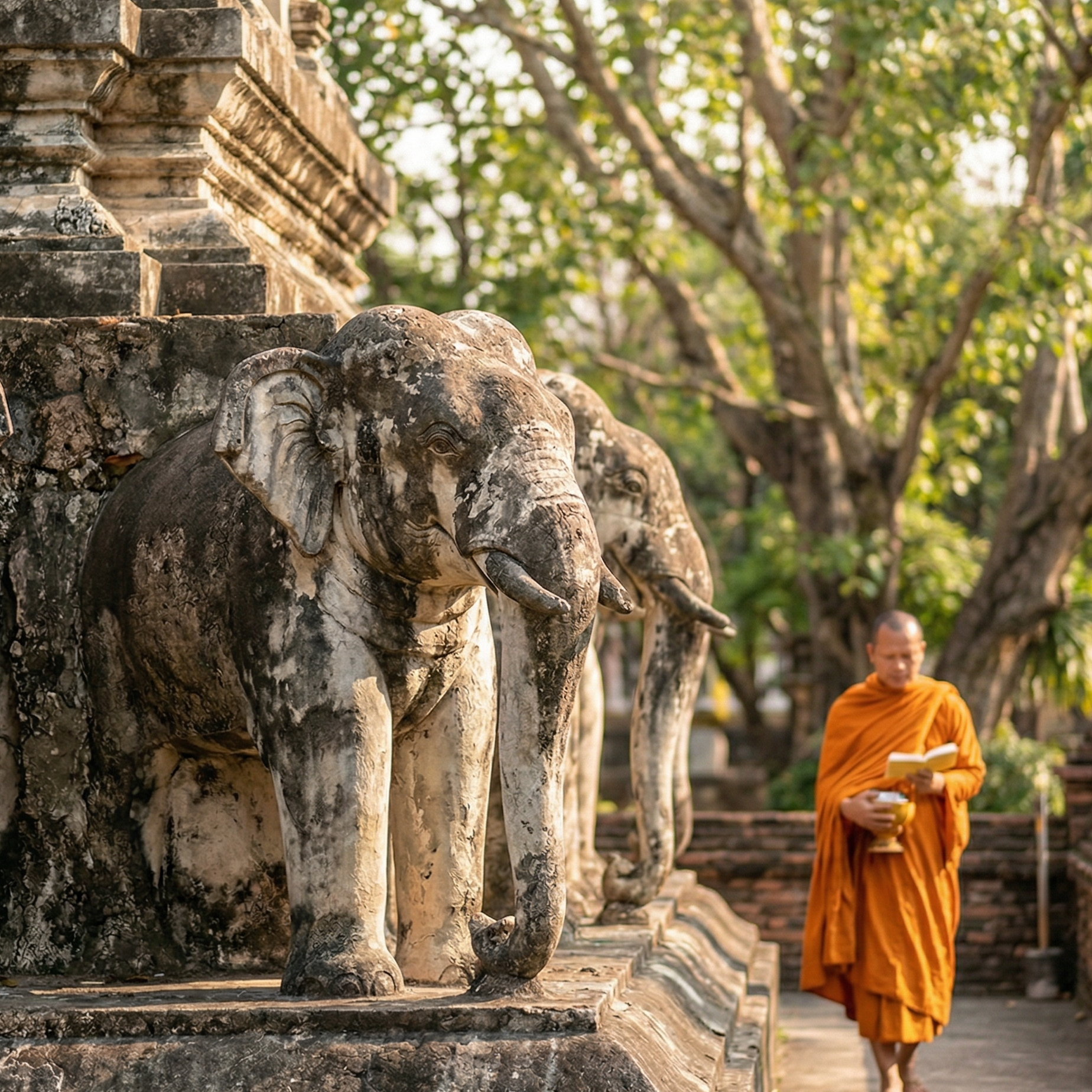 Ancient elephant statues flank a monk in Chiang Mai's Old City, part of the Living Grid.